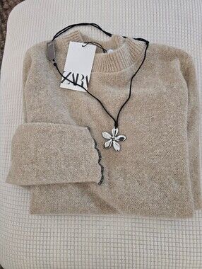 ZARA Lettuce Hem Lightweight Slouchy Knit Sweater Tan S NWT